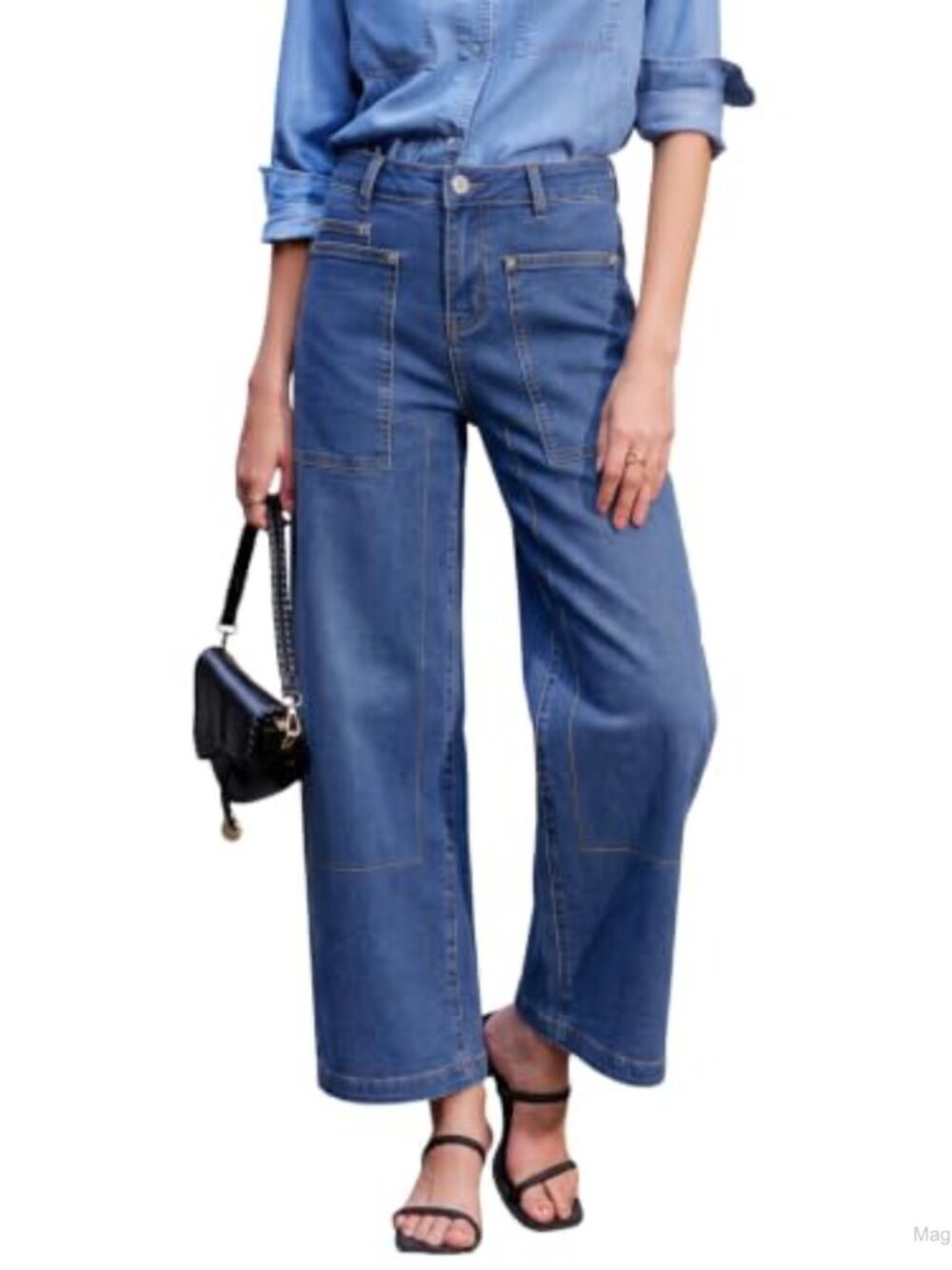 High Waist Wide Leg Ankle Jeans Stretchy Cotton Blend